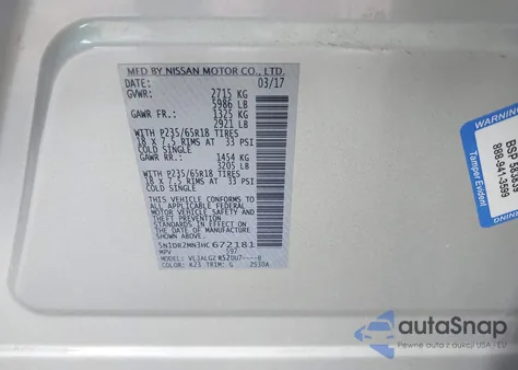 2017 Nissan Pathfinder Sl z USA, uszkodzony, nr VIN 5N1DR2MN3HC672181